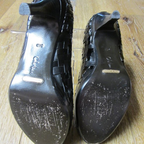 Cole Haan Black Leather Woven Peep-Toe Heels - Picture 7 of 8